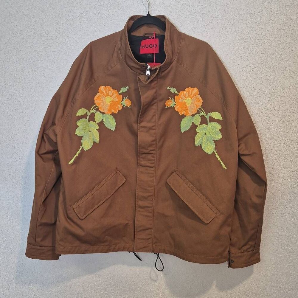 Hugo Men's Brown Flower Embroidered Zipped Jacket Size XXL